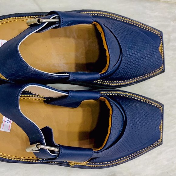 Blue Leather Sandals, Handmade Peshawari Chappal, Traditional Leather Blue - Picture 3 of 12